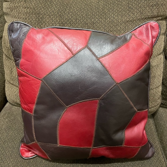 1 Brown Burgundy Leather Print Patch Work Decorative Throw Pillows  15x15” - Picture 4 of 7